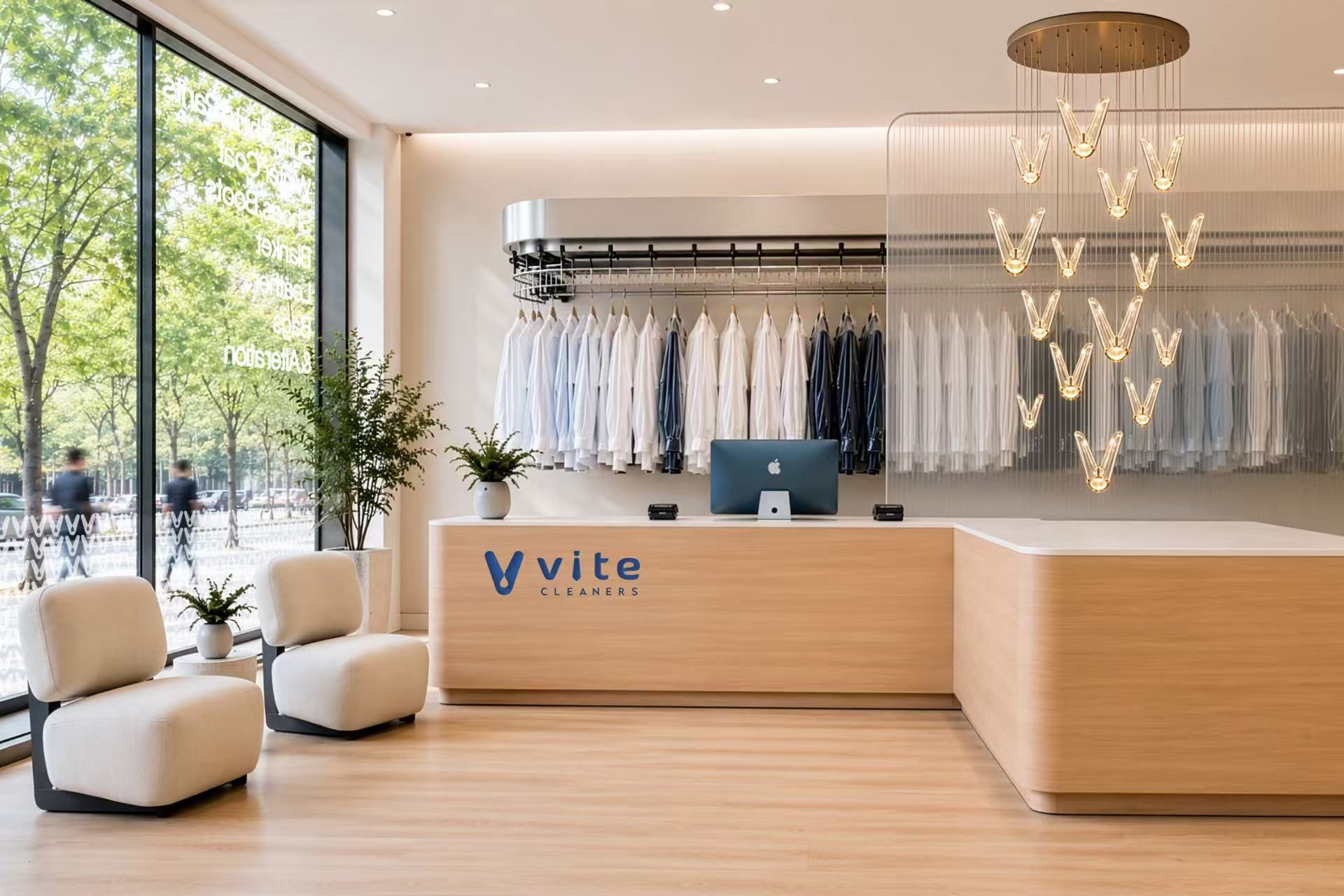 Front counter of a ViteCleaners store, with finished shirts hanging behind it